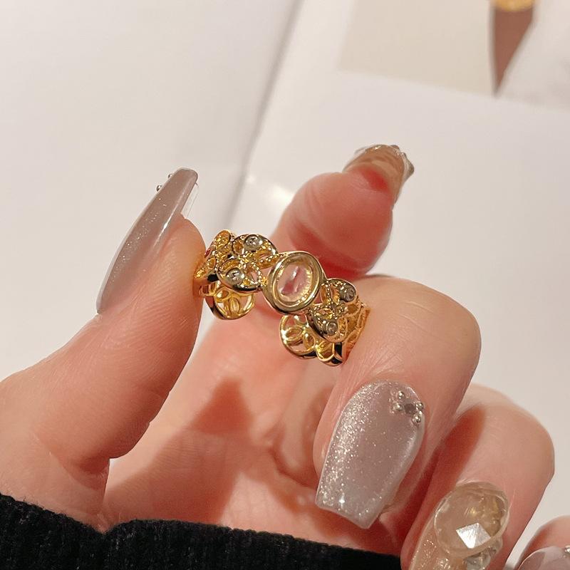 Medieval Retro Moonstone Imitation Opal Exquisite Open Ring Fashionable Zircon Light Luxury High-End Accessories