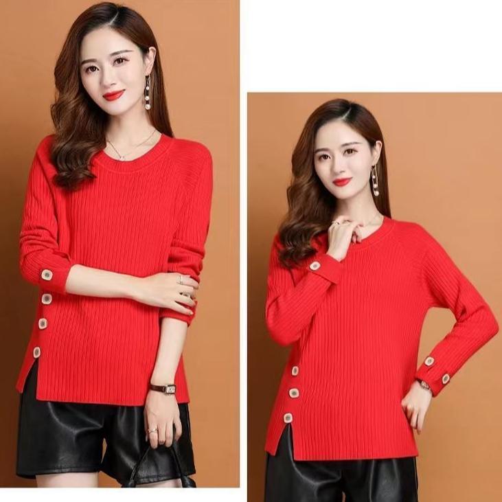Fall/Winter Women's Crewneck Sweater Loose Slit Knitwear Pullover Solid Color Stretch Knit Top