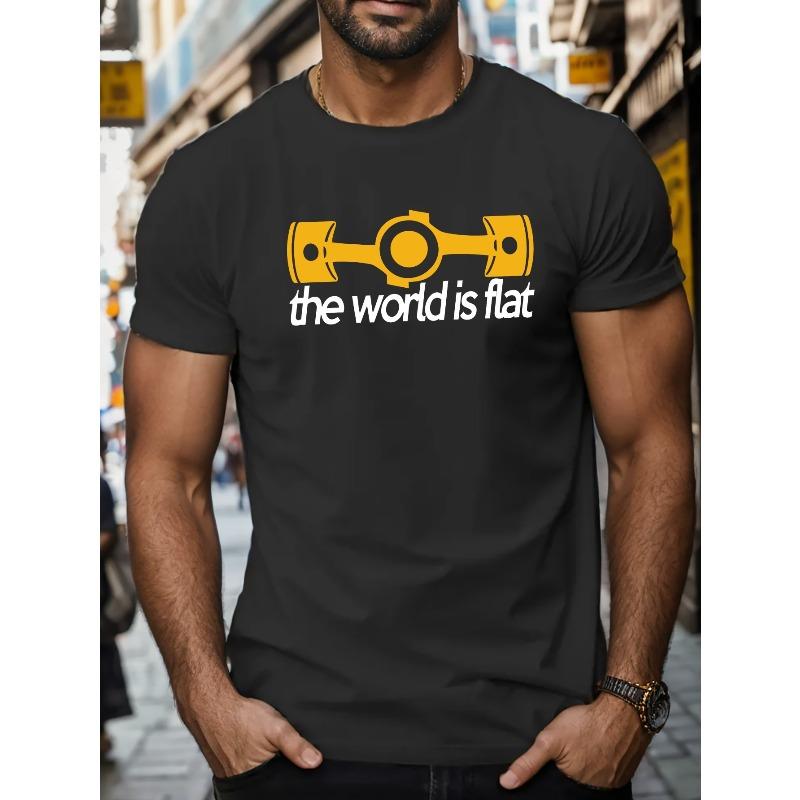 European Size Men's "The World Is Flat" Graphic T-Shirt - Casual Cotton Crewneck, Short Sleeve Summer Top with Bold Geometric Design, Machine Washable