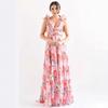 European and American New Fashion Printed Straps Waist Lace Slim Temperament Long Dress Dress
