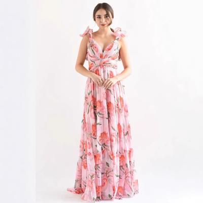 European and American New Fashion Printed Straps Waist Lace Slim Temperament Long Dress Dress