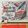 2D Classroom Welcome Background, Colorful School Supplies & Books Backdro