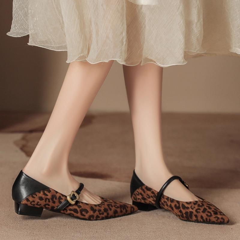 Fashion One-band Block Heel Single Shoes Autumn New Suede Leopard Print Pointed Toe Shallow Mouth Soft Sole Non-slip Kitten Heel Shoes