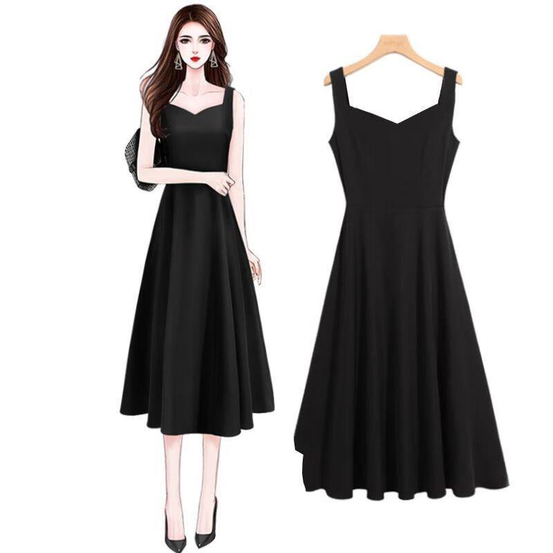 Elegant Mid-Length Korean Style A-Line Dress with Spaghetti Straps Small черный v-образный вырез