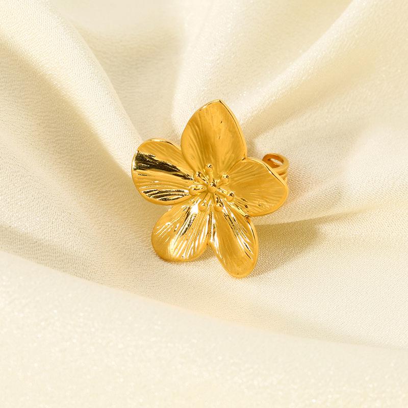French Retro 18K Gold PVD Stainless Steel Flower Open Ring for Women