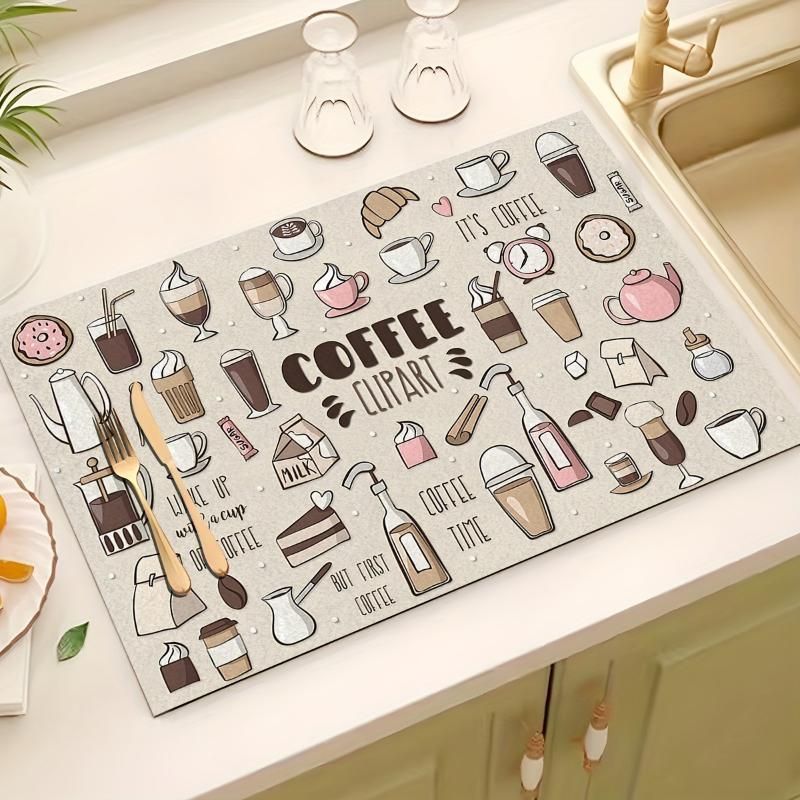 Coffee Graffiti Pattern Drainage Mat, Non-Slip Rubber Absorbent Placemat Perfect Accessory for Kitchen Countertops Home Decor