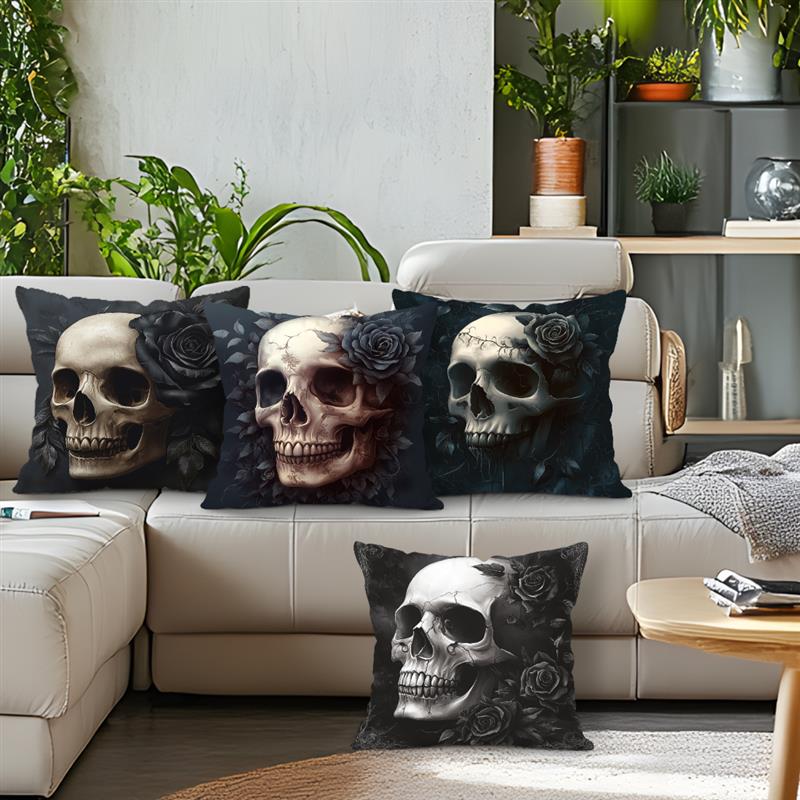 Halloween Skeleton Rose Cushion Pillowcase Printed Polyester 45X45Cm Throw Pillowcover Decorative Sofa Cushion Pillowslip Decor