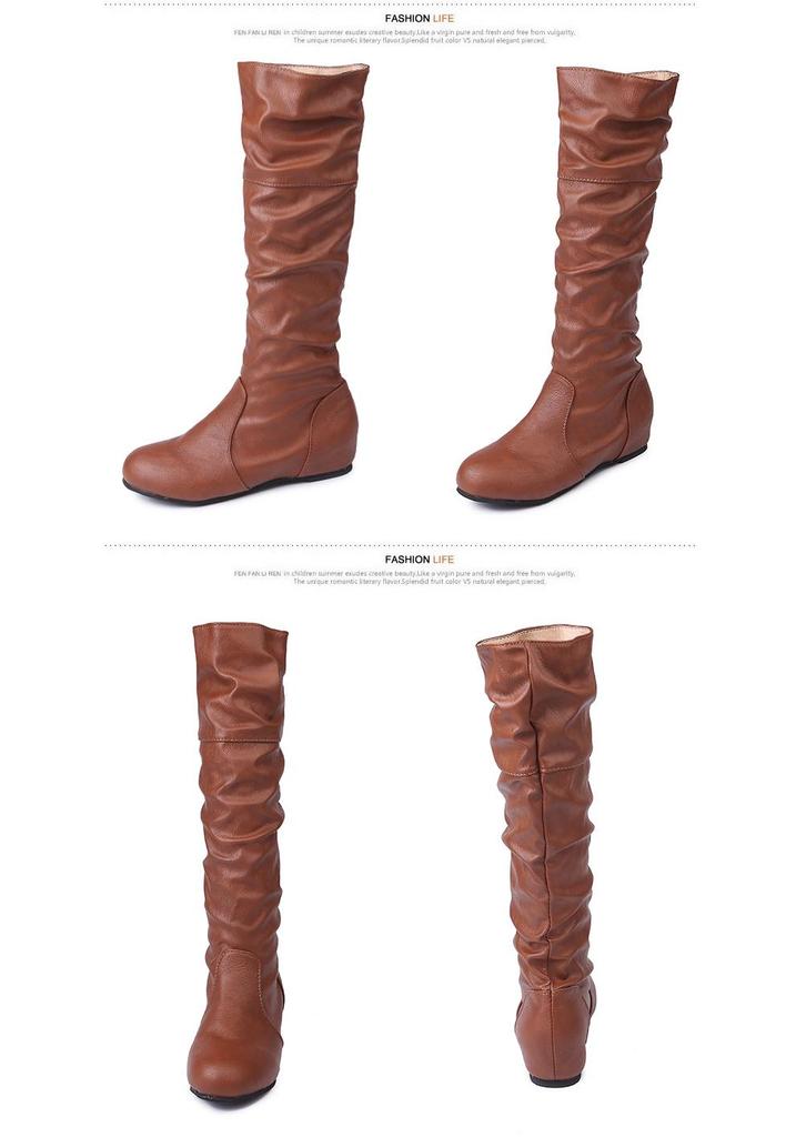 Plus Size 2020 Women's Long Leather Boots - Solid Color, Pleated, High-top, European Style