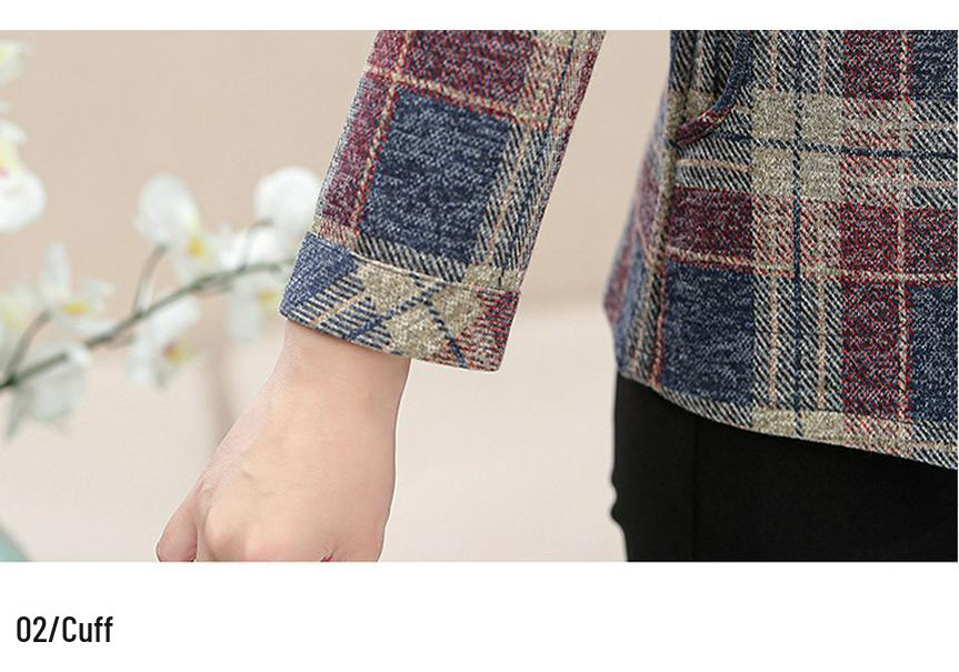 Plaid Long Sleeve Lapel Cardigan for Women: Stylish Spring/Autumn Top for Middle-Aged & Elderly