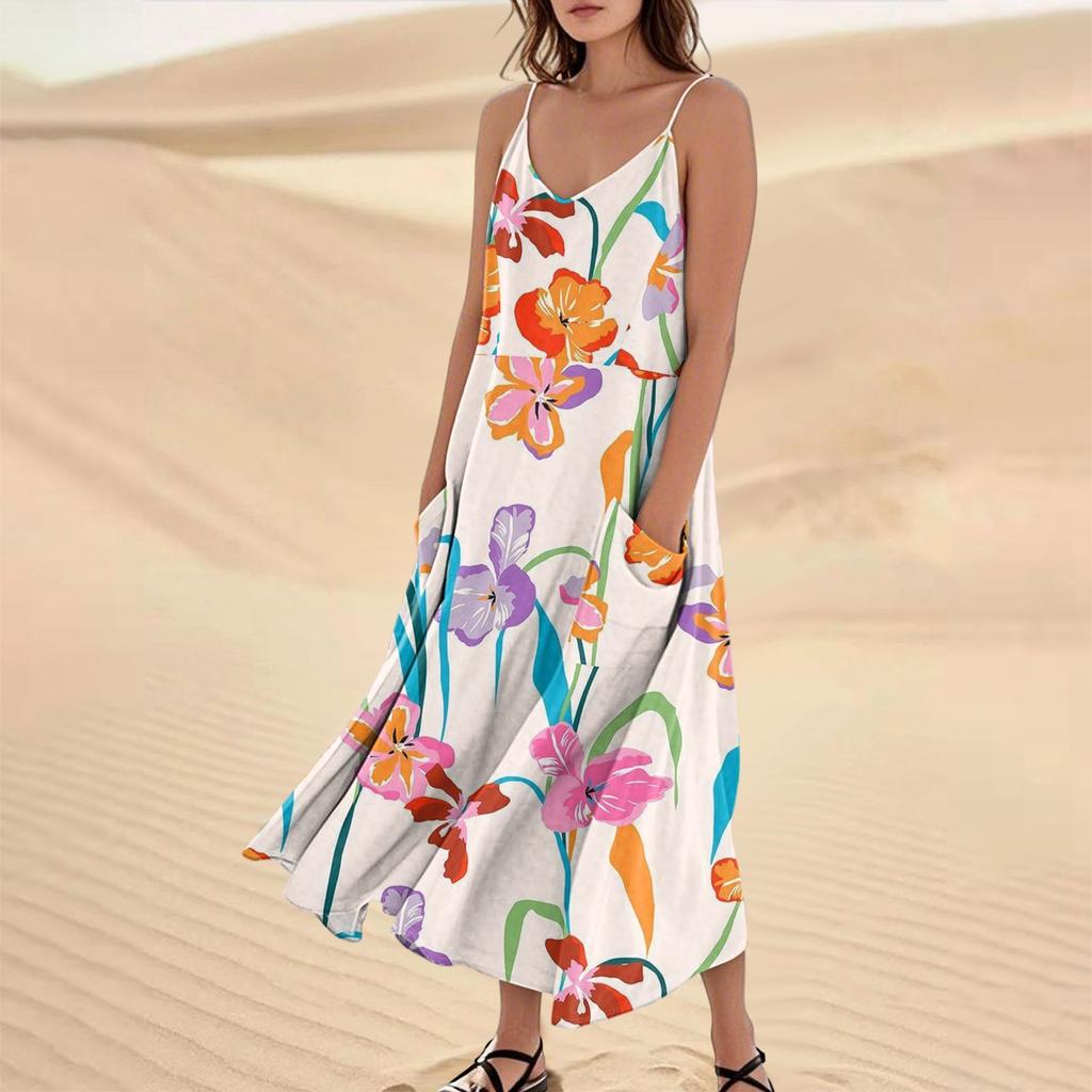 Women's Casual V Neck Floral Print Sleeveless Pocket Suspender Dress