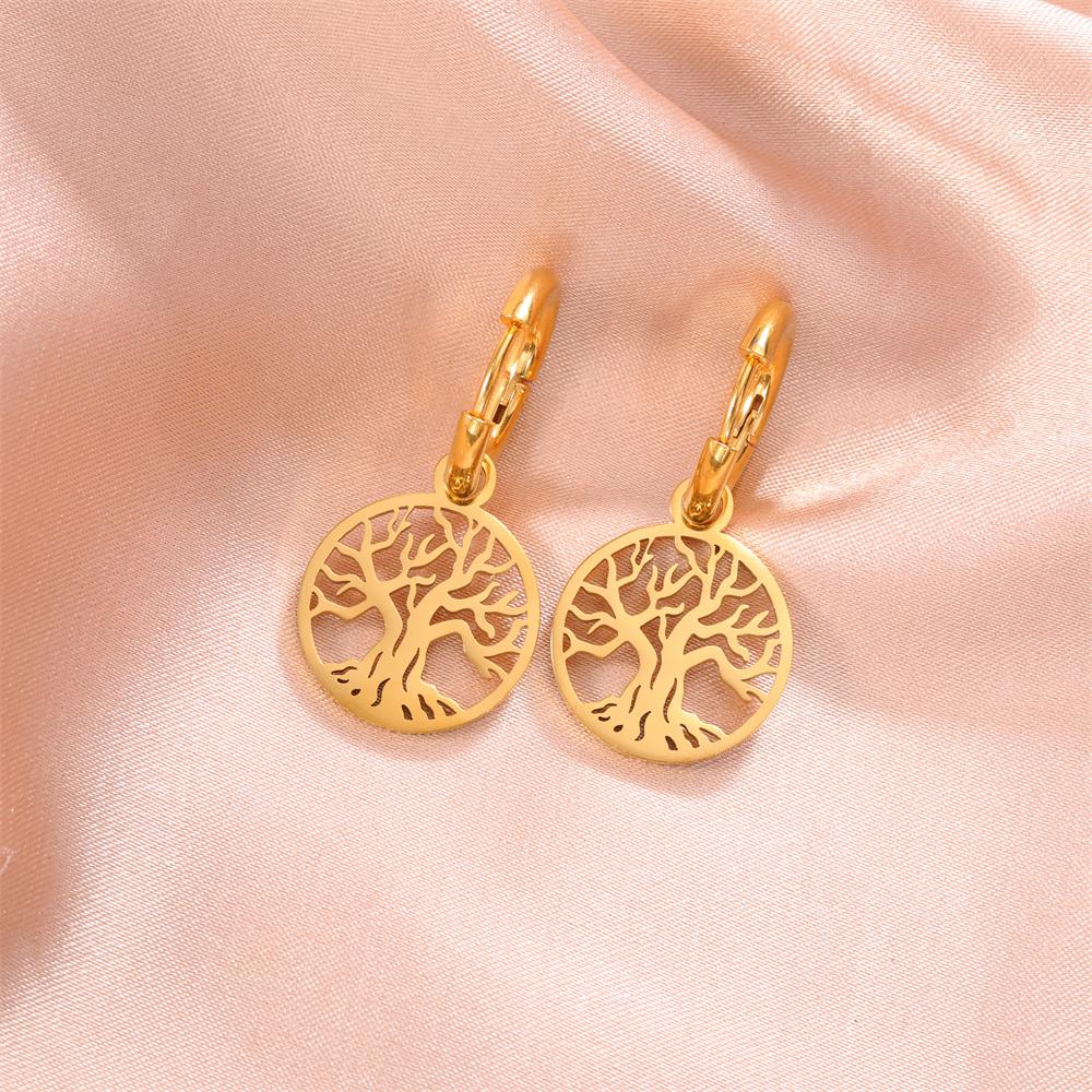 Vintage Life of Tree Pendants Hoop Earrings For Women Female Stainless Steel Earrings Trend Golden Charm Jewelry Pendientes