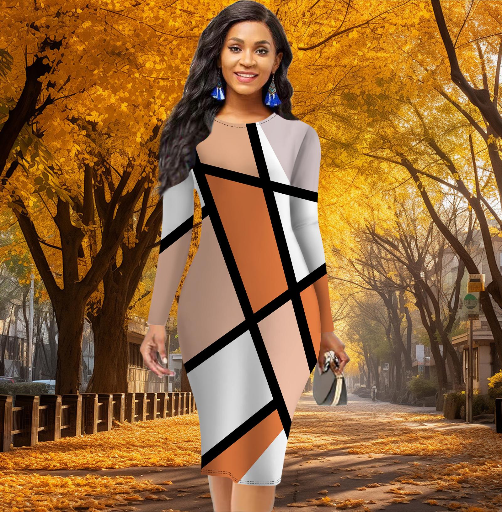 

Облягаюча офісна сукня з довгими рукавами та талією з нерегулярною сіткою з нерегулярною лінією, елегантна облягаюча сукня XL помаранчевий