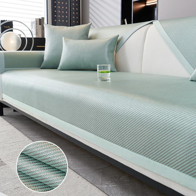 Summer Ice Sliky Fiber Fabric Sofa Cushion, Rectangular Non-Slip Fixed Mat, Light Luxury Cover for Summer Use Suitable for Living Room