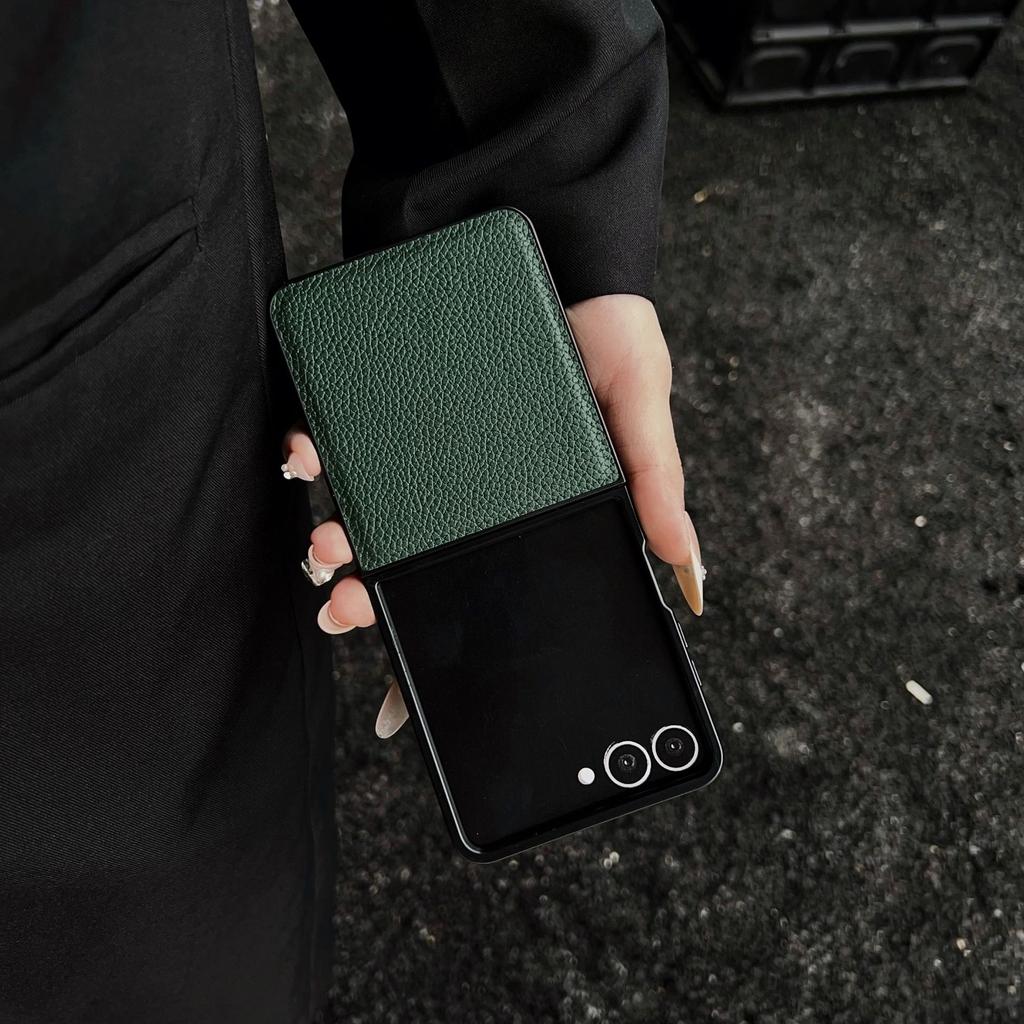 Minimalist Lychee Pattern Leather Feel Phone Case for Samsung Galaxy Flip 7 6 5 4 FE Solid Color Foldable Screen Protect Cover
