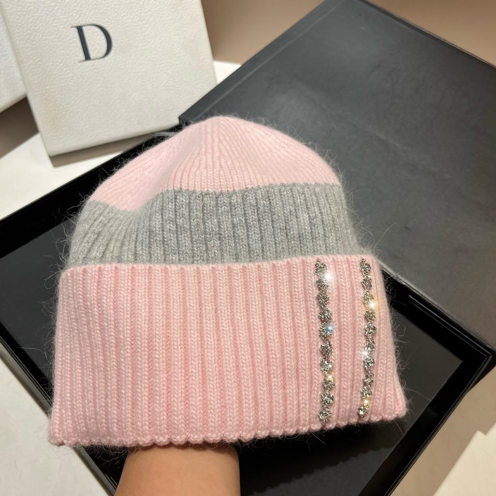 High-quality Angolan Long Rabbit Fur Rhinestone Knitted Hat, Winter Export To Russia, Warm Soft Waxy Plus Ear Protection Hat