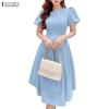 ZANZEA Women Summer Round Neck Casual Puff Short Sleeve Dress