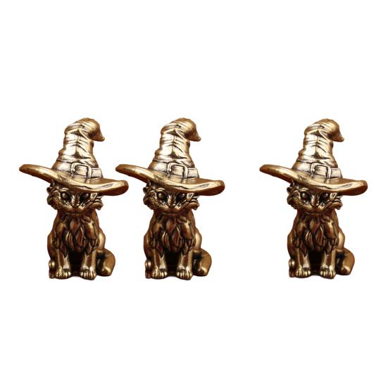 1/2Pcs Retro Cat Witch Ornament Solid Brass Sculpture with Wizard Hat Whispering Story Sculpture Desktop Art Decor