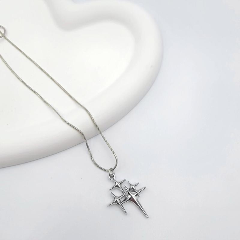 Fashion Four-Pointed Star Necklace Clavicle Chain Smooth Cross Pendant Necklace Wedding Party Jewelry for Women Girls
