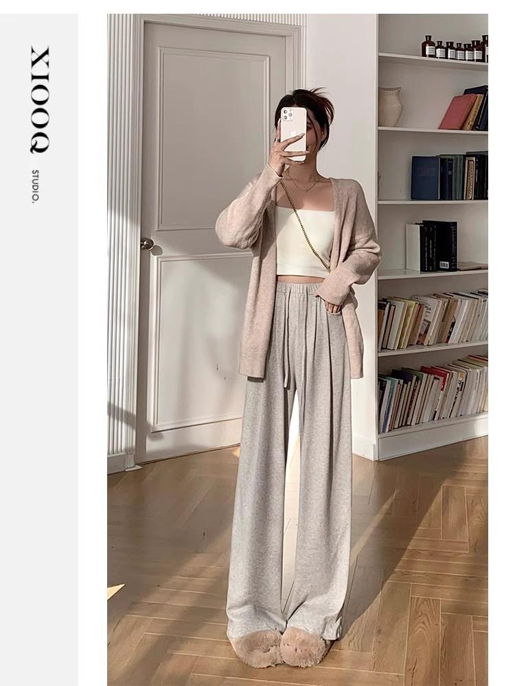 Petite Oatmeal Wide-Leg Pants for Women - High Waist, Drapey, Loose Fit, Floor-Length for Spring and Autumn.
