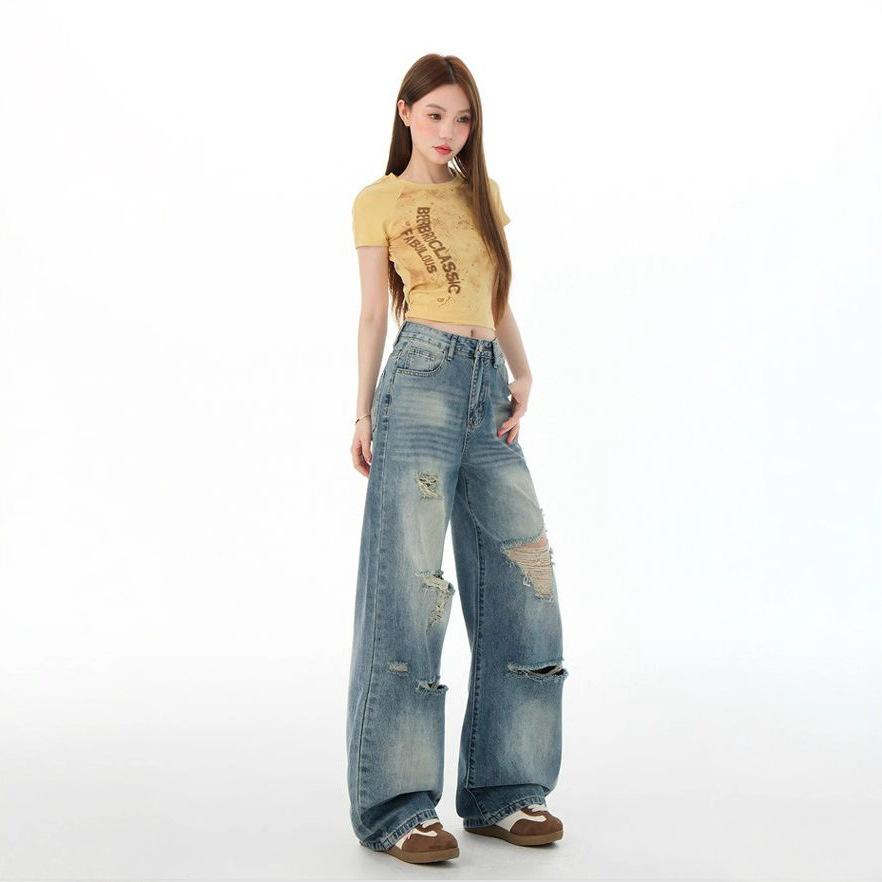 Comfortable Broken Hole Washed Wide-legged Jeans Women's Autumn Loose High Waist Thin Straight Dragging Long Trousers Jeans for Women Long Denim Pants