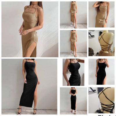 Sexy Schwarzes Langes Bodycon-Kleid Damen Sommer Ärmellos Rückenfrei Neckholder Spaghetti-Träger Hoher Schlitz Pullover Camisole