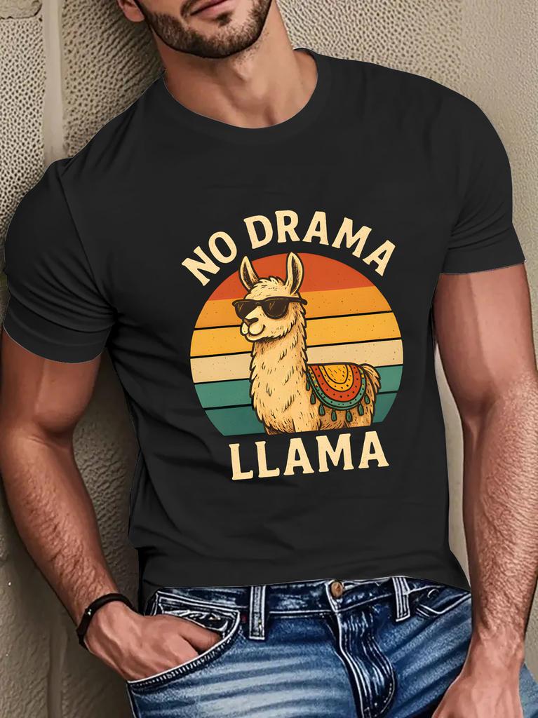 Unisex Black Crew Neck Tee Vintage Rainbow Sunset Circle Cool Sunglass Llama No Drama Llama Humorous Animal Graphic Cotton Tops