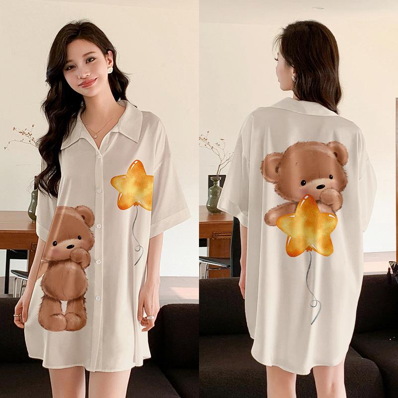 Ropa de Dormir Cómoda de Verano para Mujer Botones Delanteros Seda de Hielo Ropa para el Hogar Suelta Casual Estampada para Descansar