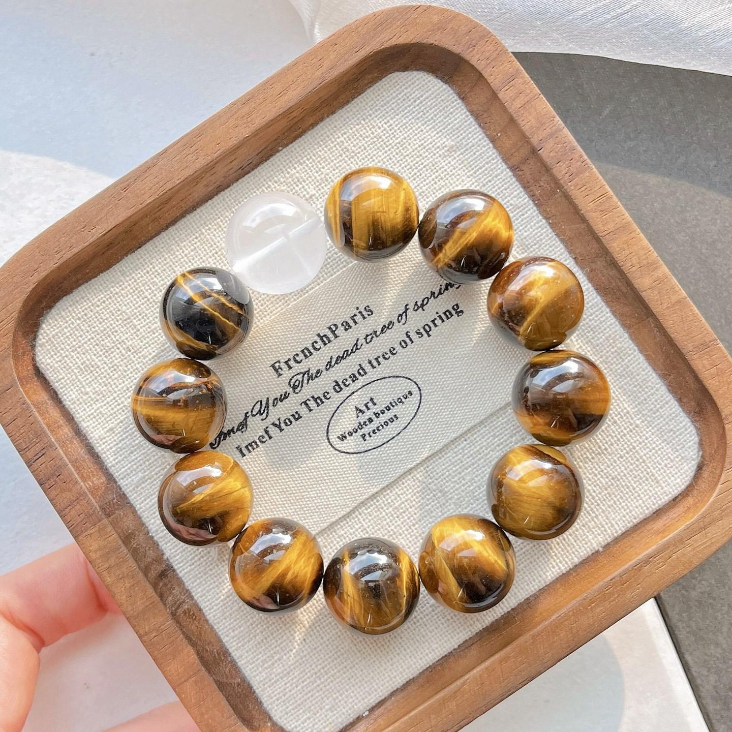 16Mm Large Particle Natural Tiger S Eye Stone Milk White Crystal Design Bracelet Bracelet.