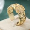 Vintage Exquisite Hand Carved Flower Pattern Golden Plated Ring for Women Gorgeous Charm Banquet Anniversary Jewelry Accessories