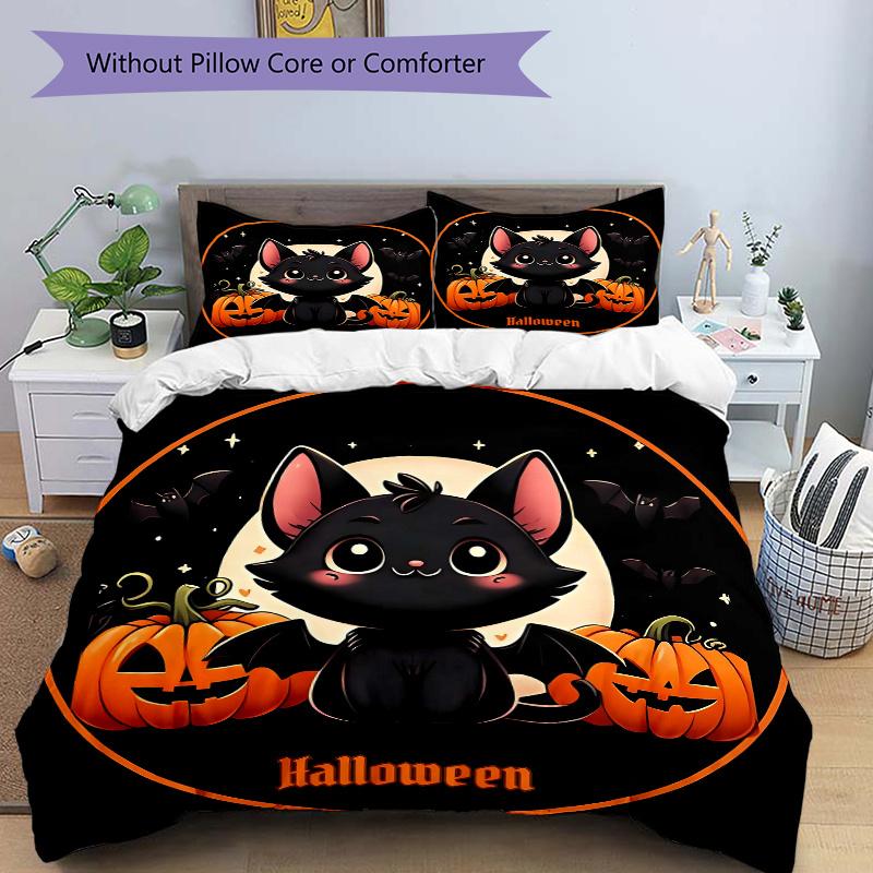 3pcs Halloween Adorable Cat Bedding Set - 1 Soft Quilt Cover + 2 Pillowcases, Machine Washable - Suitable
