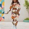 Women Plus Size Cartoon Printed Round Neck Long Sleeve Top Fitted Pants Two Piece Set