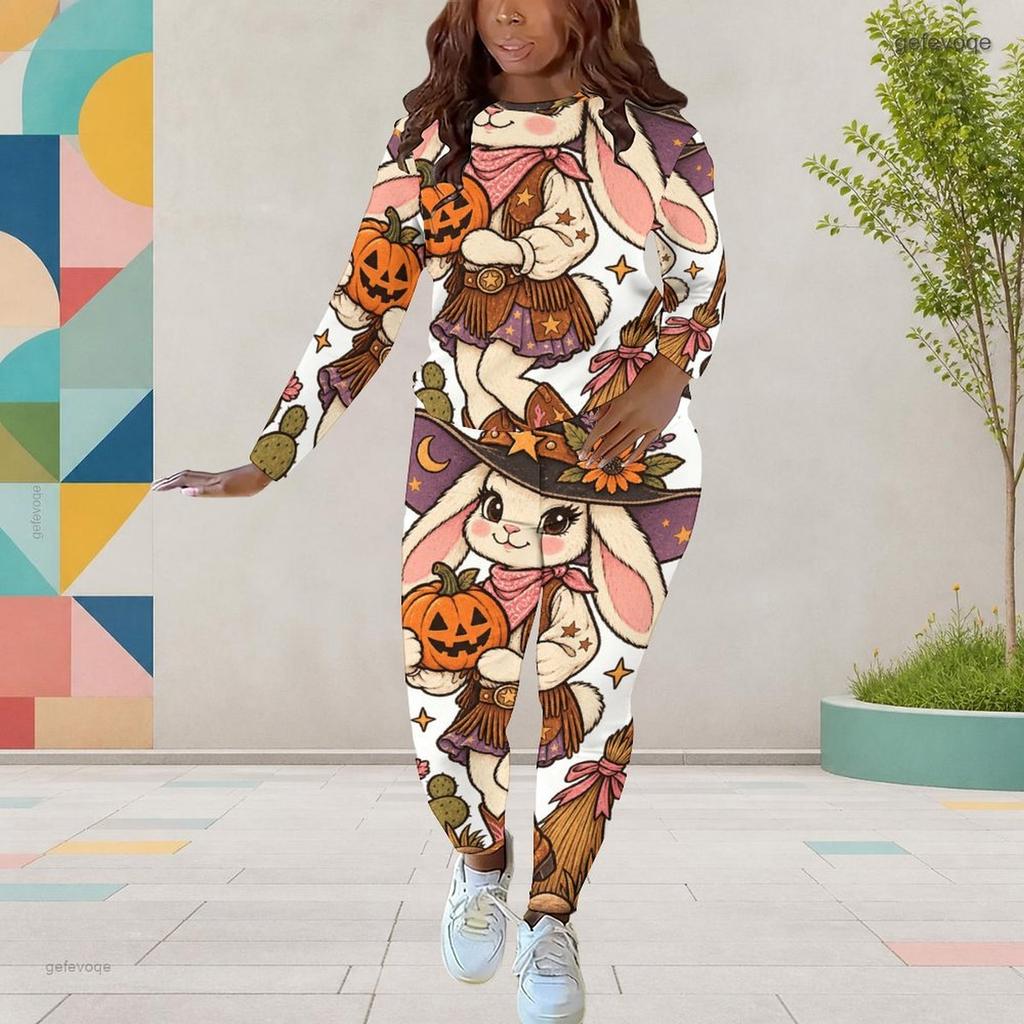 Women Plus Size Cartoon Printed Round Neck Long Sleeve Top Fitted Pants Two Piece Set