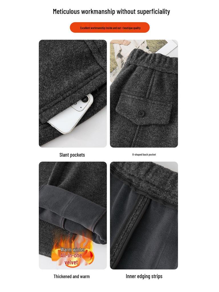 Women's Winter Thickened Velvet Wide-Leg Wool Pants - High Waist Slimming Casual Straight Leg Design.