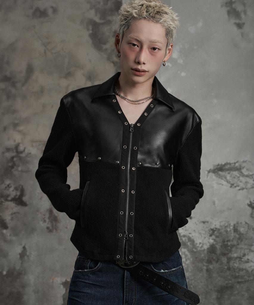 LANARCHIVE [0162] Cross Leather Collar Zip-Up Jacket - Black