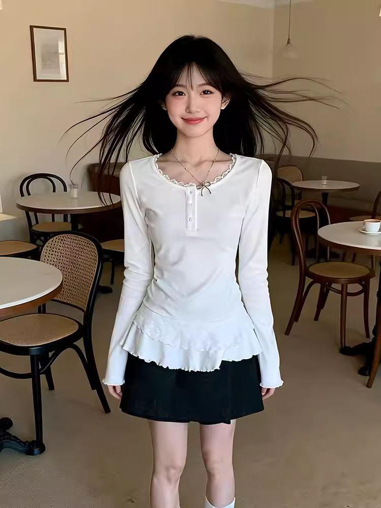 260g Cotton Modal Korean Lace Trim Slim Fit Button Top