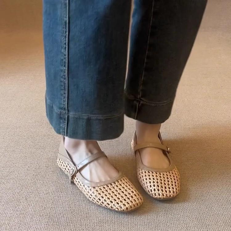 Soft Leather Version~ French Literary and Artistic Style Woven Hollowed-out Outer Wear Breathable Mary Jane Sandals Women's Word with Flat Shoes