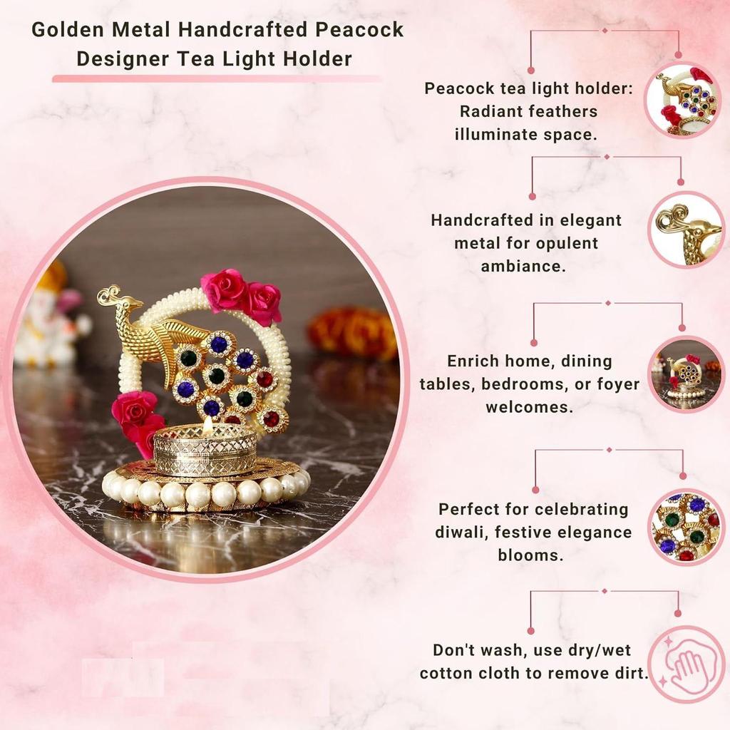 Metal Peacock Floral Decorative Tea Light Candle Holder for Diwali, Navratri, Ganesh Chaturthi, Christmas, New Year