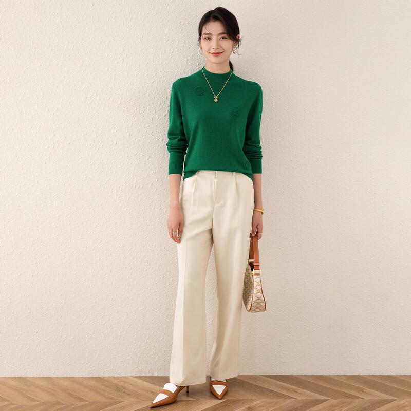 TUHUANG Women's Pure Wool Semi-High Collar Knit Sweater