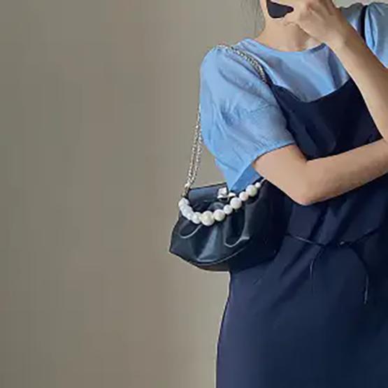 WTEMPO Frauen Vintage Perlen Dekoration Handtasche Weibliche Einfarbig Unterarm Kette Tasche Einzelnen Schulter Party Tasche