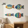 Decorative Wood Wall Plaques 4PCS Coastal Themed Fish Decoration, Bohemia Colorful Pattern Print Rustic Hanging Decorations Plaques, Pendant