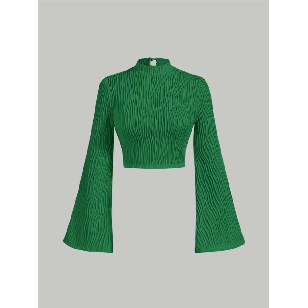 Women Textured Mock Neck Flare Long Sleeve Crop Top Elegant Preppy Style Y2K Rib Knit Slim T Shirt Blouse