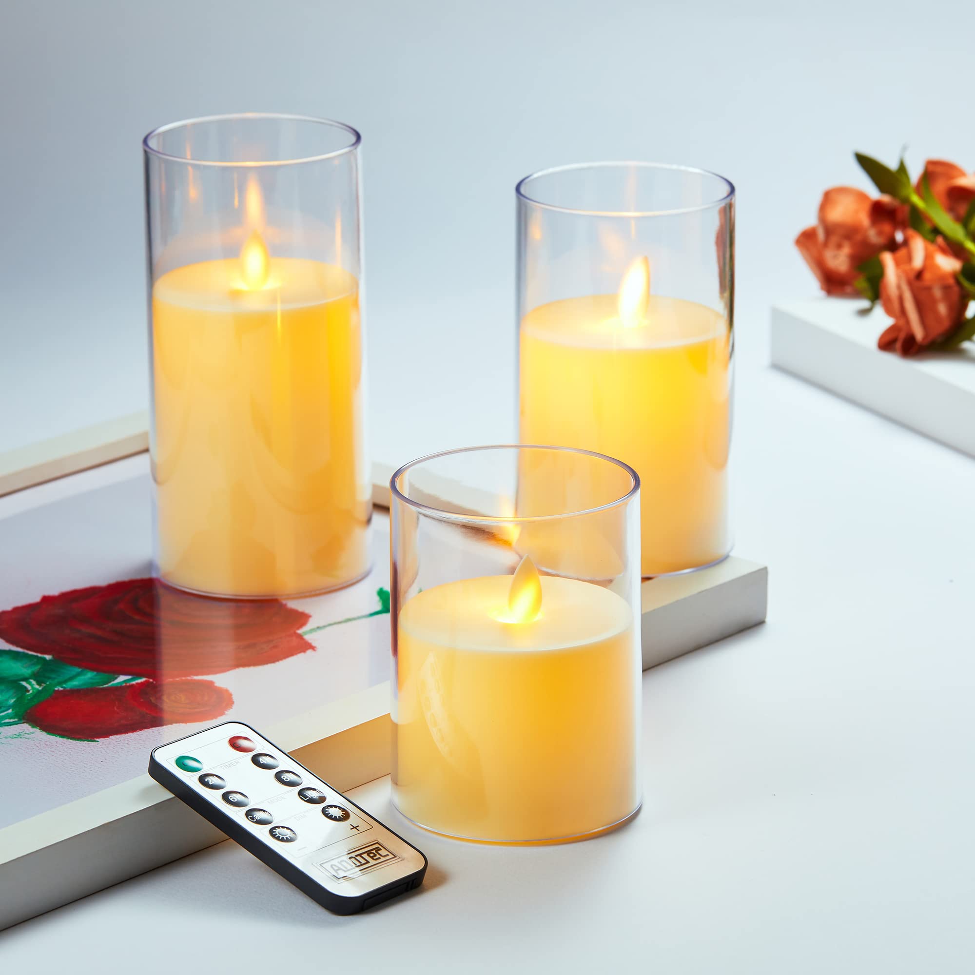 

AnnTec LED Candle Light, 3-Piece Set with Realistic Flame-Like Flickering Light, Warm White Light, Flameless, Safe, Energy-Saving, with Remote