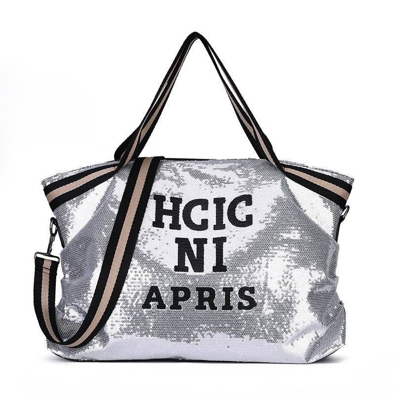 Large Capacity Sequin Travel Bag: Fashionable Letter Sports Yoga Shoulder Handbag