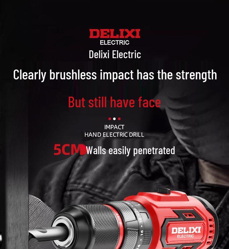 Delixi High-Power Brushless Electric Drill - Lightweight, Rechargeable Impact Model