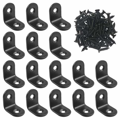 Samcos L-Shaped Stainless Steel Angle Brackets with Right-Angle Hooks, 16 Pieces, Anti-Tip Reinforcement Brackets, 32 Screws Included, Shelf Brackets