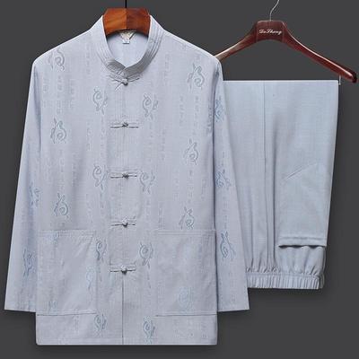 Completo da Uomo in Lino a Maniche Lunghe Stile Tang per Mezza Età e Anziani - Set in Cotone Stile Cinese Buddista Tai Chi con Bottoni a Rana