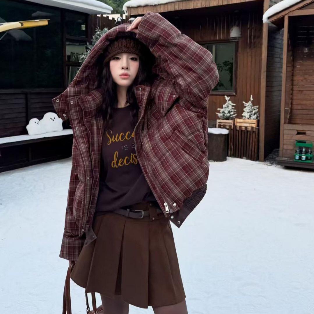 European Retro Plaid Hooded Down Jacket