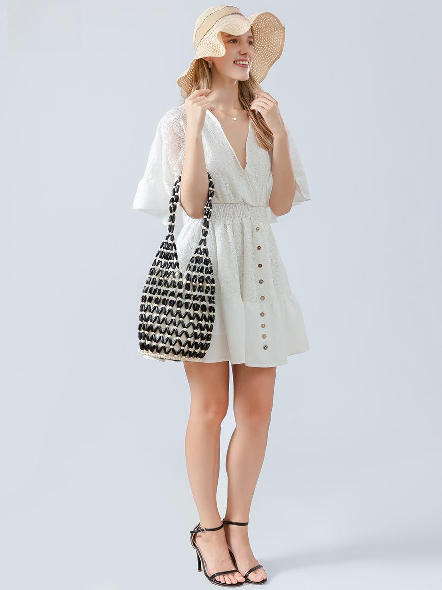 

Жіноча літня сумка-відро з порожнистим дерев яним плетенням намистин через плече 16.5x16.5x36 CM