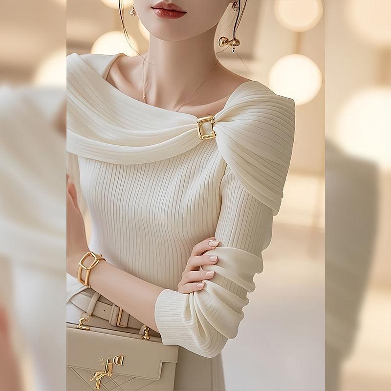 Fashion Elegant One-word Shoulder Shawl Knitted Sweater Autumn Winter New Bottoming Women's Clothing Korean Style Pullover Knit Casual Sweaters 1980