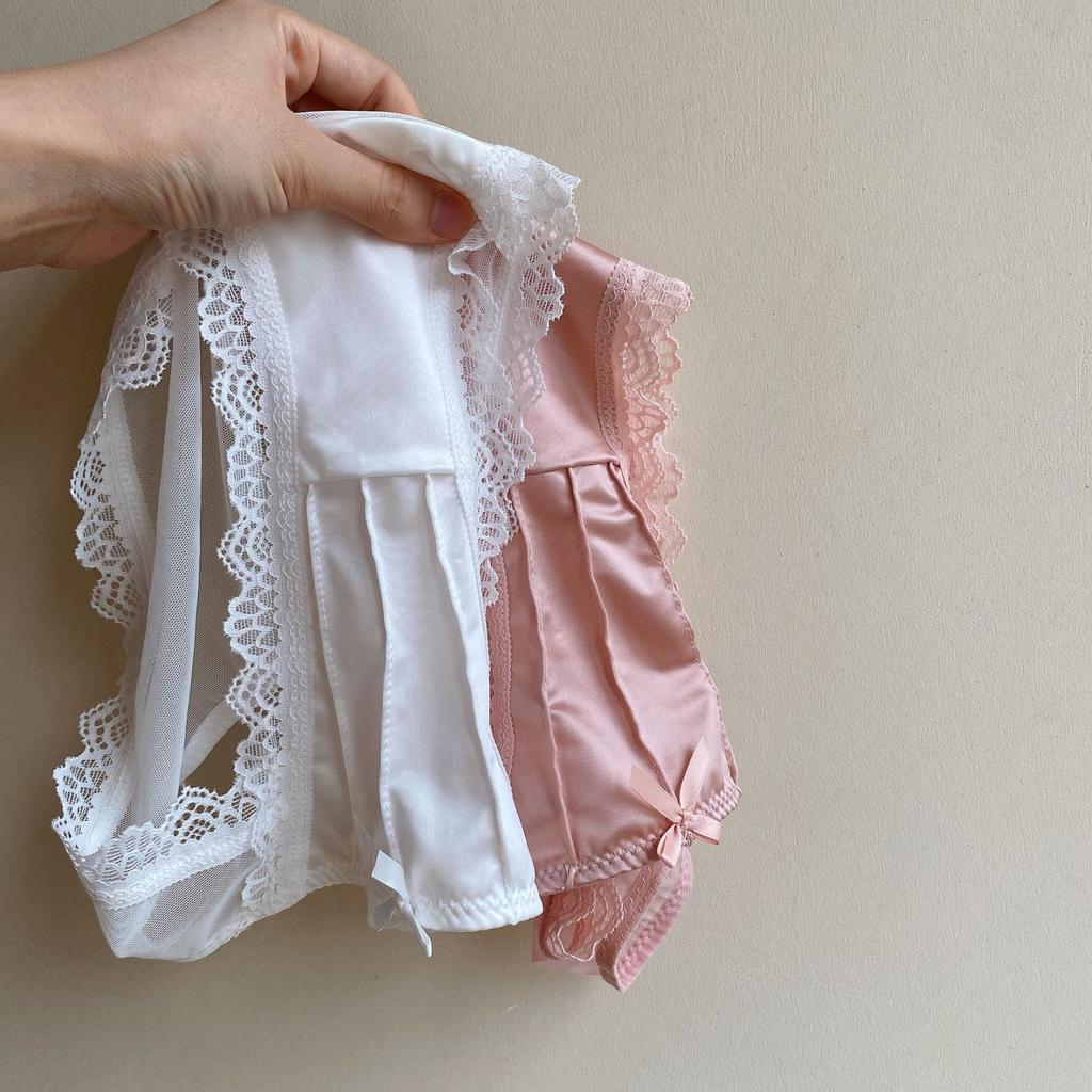 Vintage Satin Slips Französische Sexy Spitze Schleife Dessous Einfarbig Atmungsaktiv Damen Mid-Waist Dünne Mesh Slips Unterwäsche Frauen